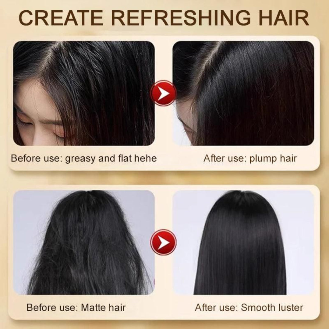 Before and after comparison of hair treatment on a beige background