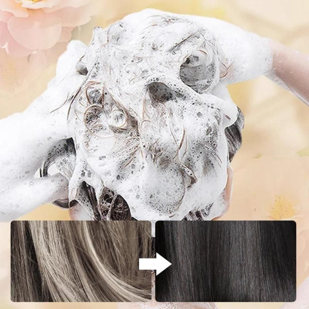 Close-up of hands massaging shampoo into hair with a before-and-after comparison of hair color.