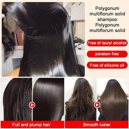 Collage of hair before and after using Polygonum multiflorum solid shampoo, showing full and plump hair and smooth luster.