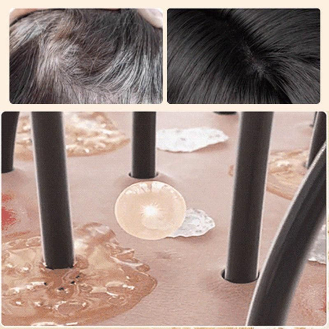 Collage showing hair color transformation and a close-up of a liquid application on a surface.