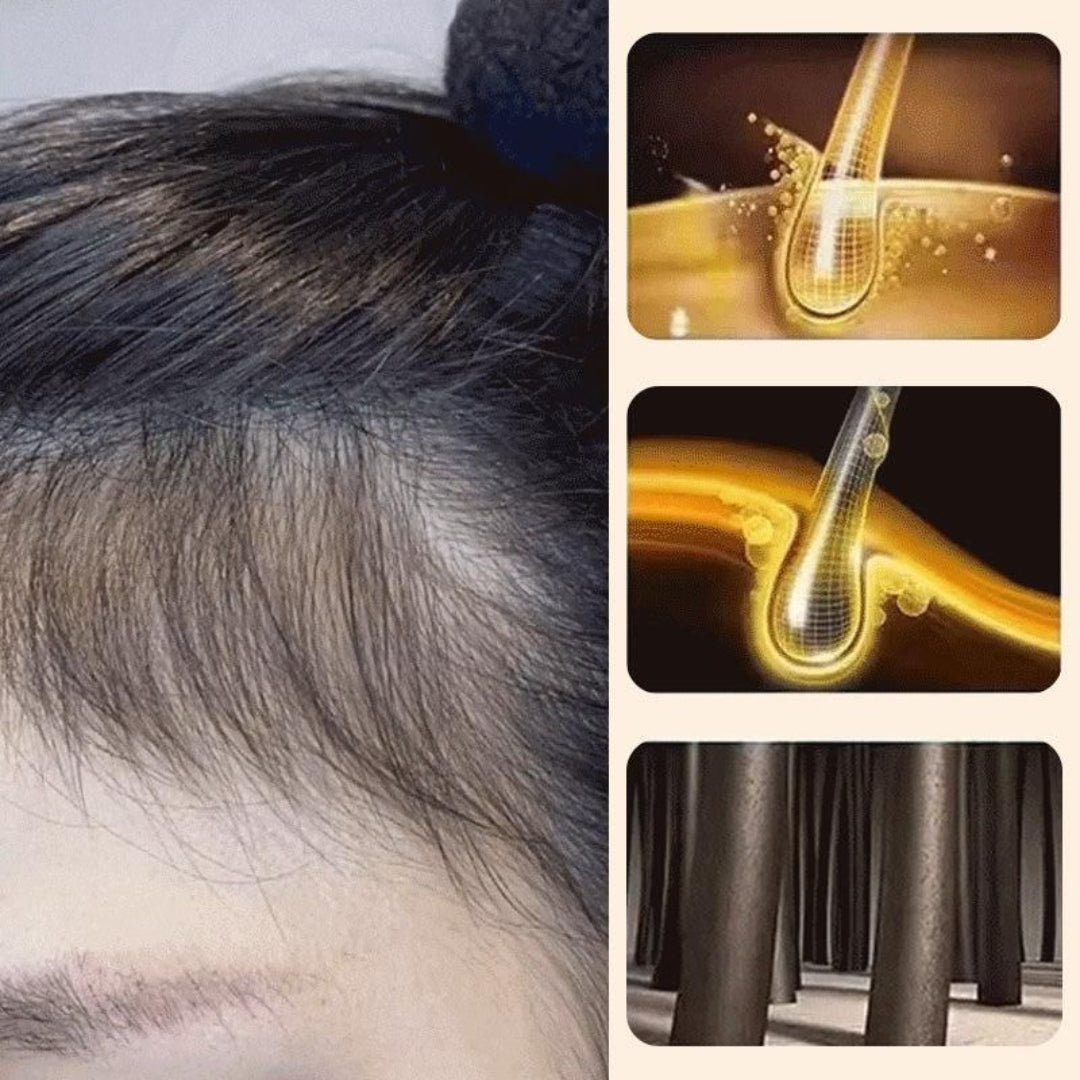 Close-up of hair with inset images showing hair follicles and a forest scene.