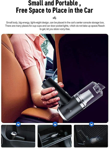 Handheld vacuum cleaner being used in a car with text highlighting its small size and portability.