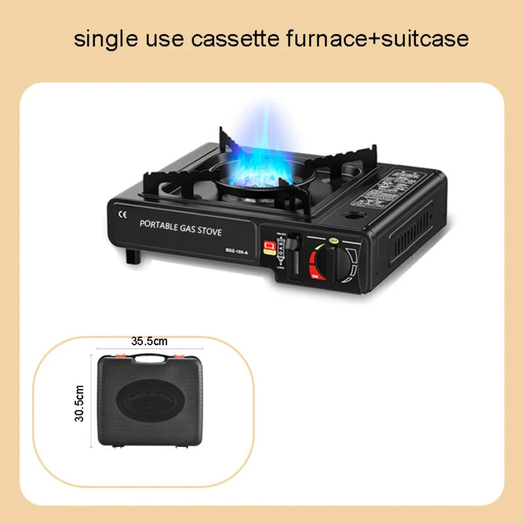 Portable gas stove with a flame on a beige background, showing dimensions of the suitcase.