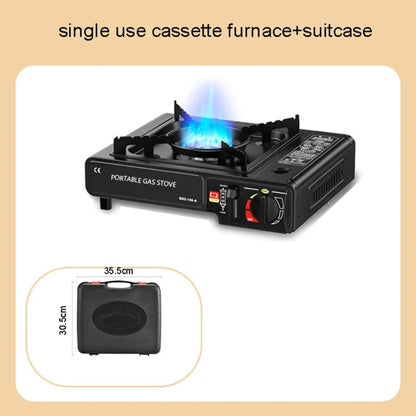 Portable gas stove with a flame on a beige background, showing dimensions of the suitcase.