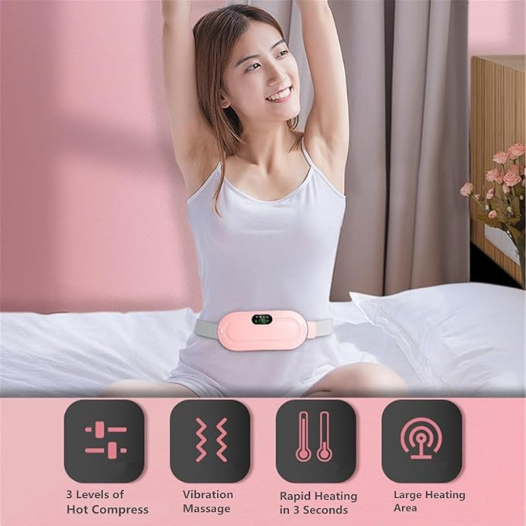 Woman wearing a pink electronic device on her waist with features displayed below.