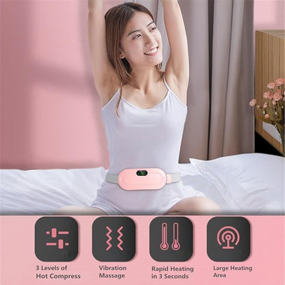 Woman wearing a pink electronic device on her waist with features displayed below.