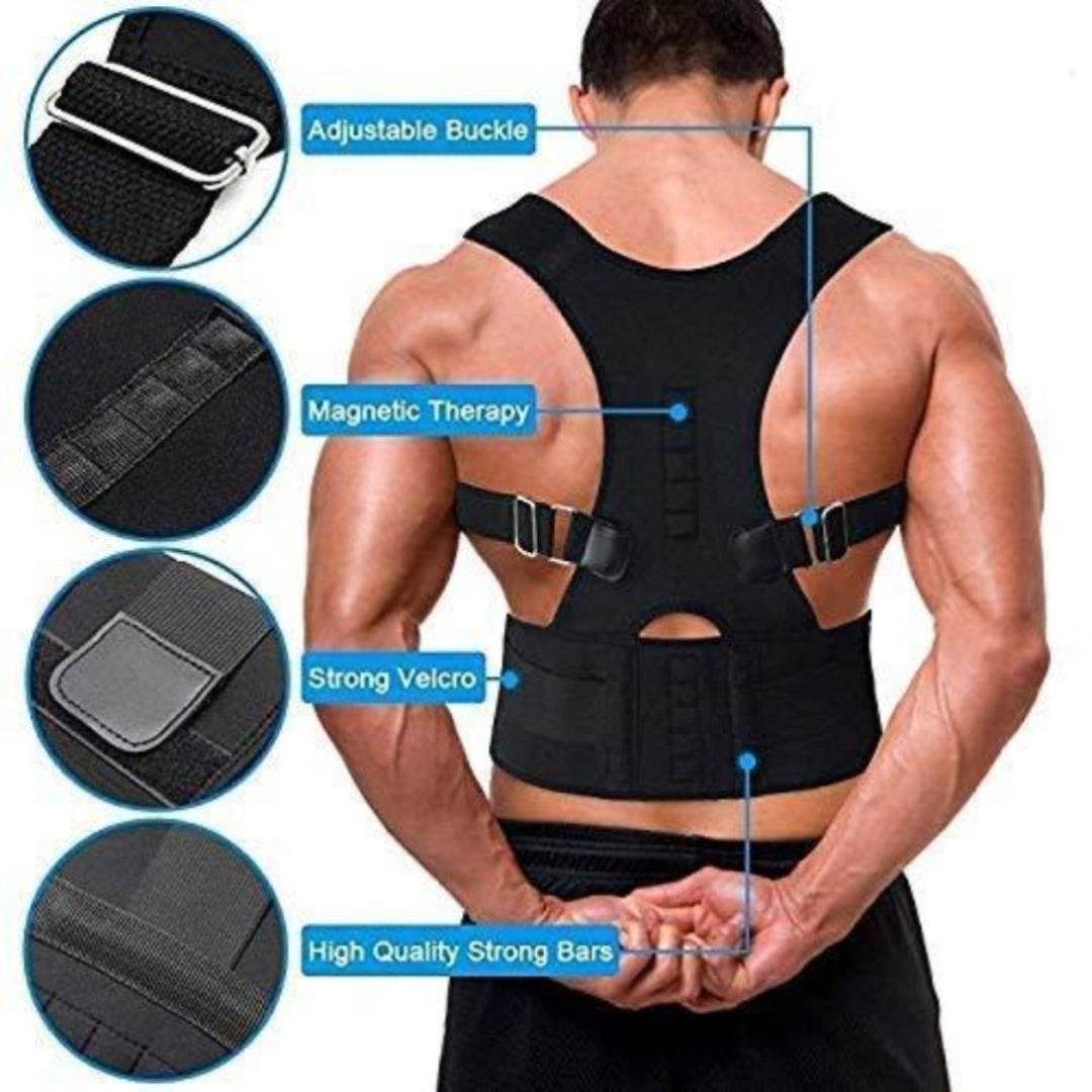 Person wearing a black posture corrector with labeled features on a white background