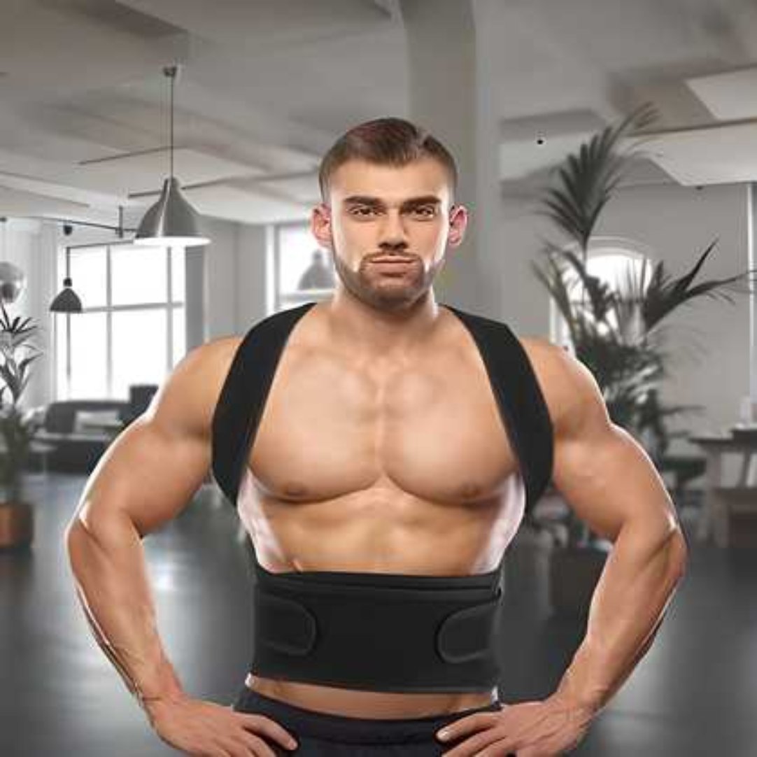 A man standing in an upright posture wearing a black posture corrector shoulder belt with velcro straps across his back.