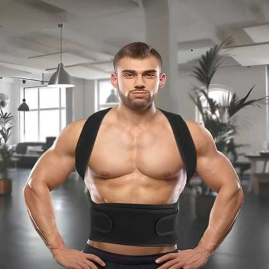 A man standing in an upright posture wearing a black posture corrector shoulder belt with velcro straps across his back.