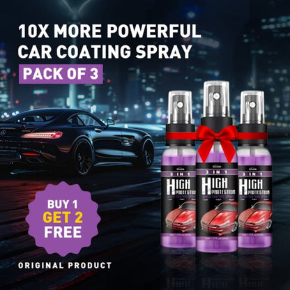 Car coating spray bottles with promotional text and car in the background