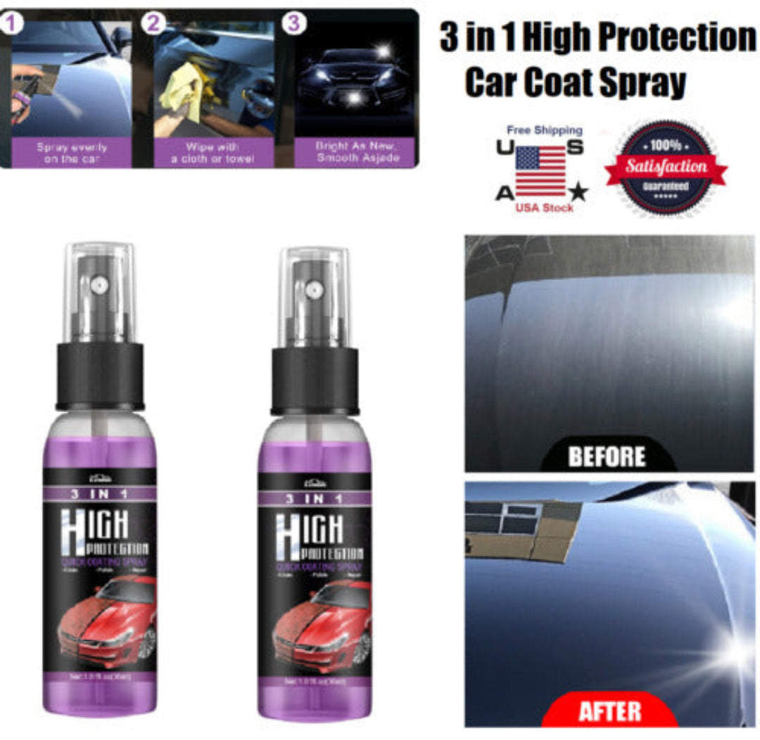 Two bottles of 3-in-1 High Protection Car Coat Spray with usage instructions and a 'Before' and 'After' car image.