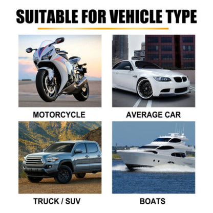 Illustration of vehicles including a motorcycle, car, truck, and boat with text indicating suitability for different vehicle types.