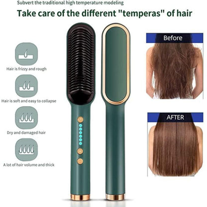 Hair straightening tool with before and after images of hair, labeled for different hair types.