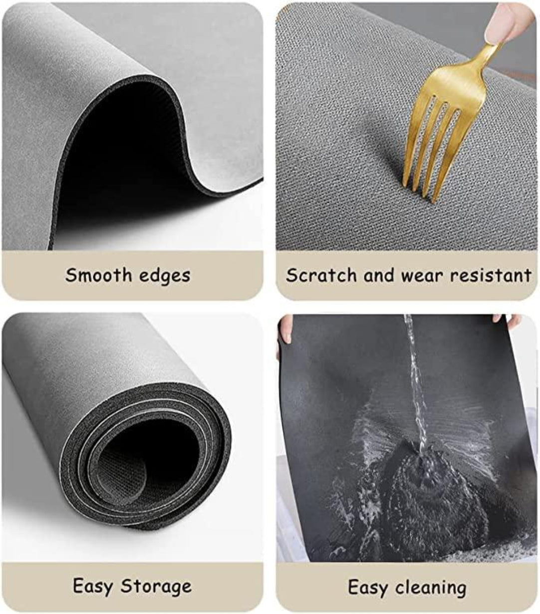 Gray mat with features highlighted: smooth edges, scratch and wear resistance, easy storage, and easy cleaning.