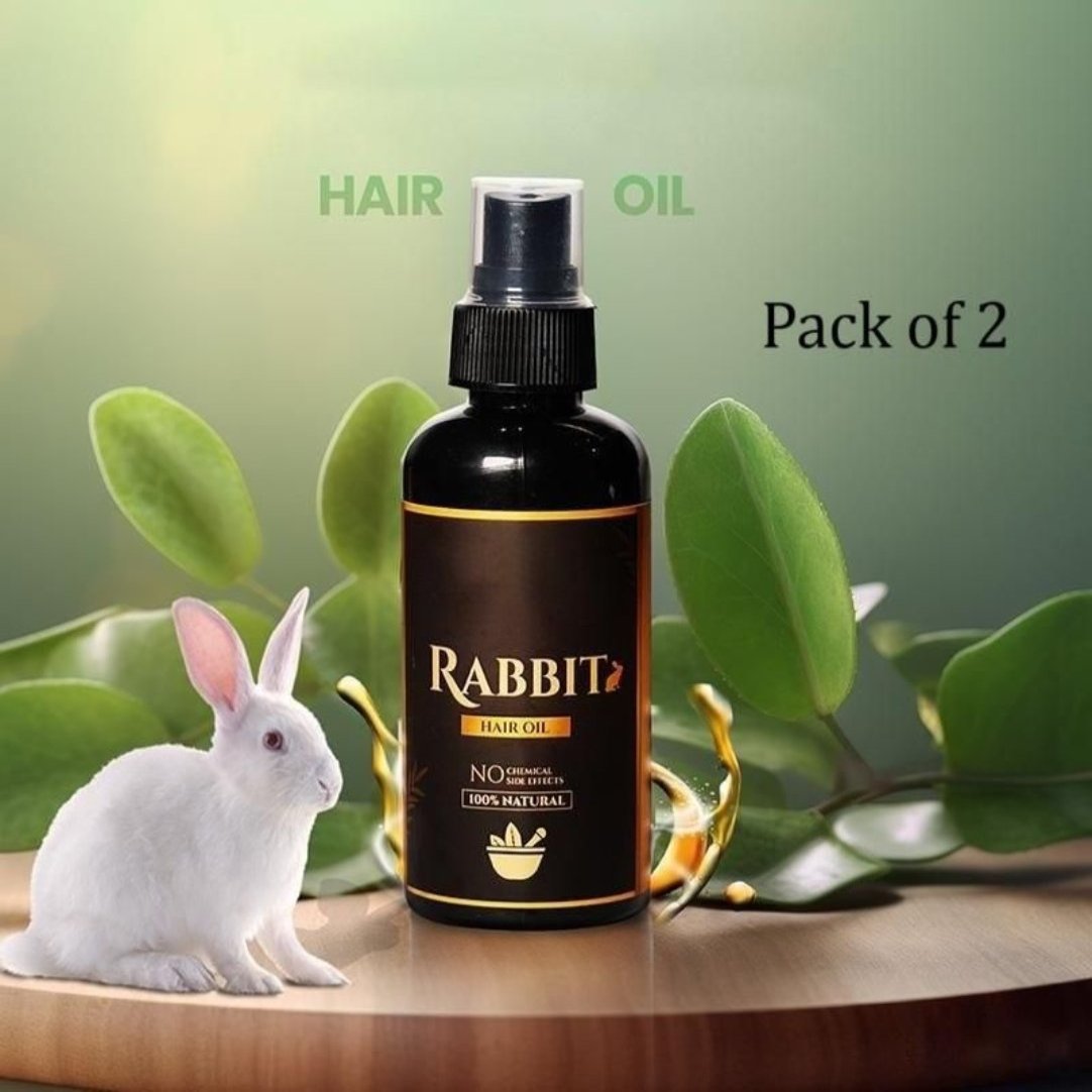 A bottle of Rabbit Hair Oil with a spray dispenser, accompanied by a white rabbit and set against a leafy backdrop. Text indicates a 'Pack of 2' offer.