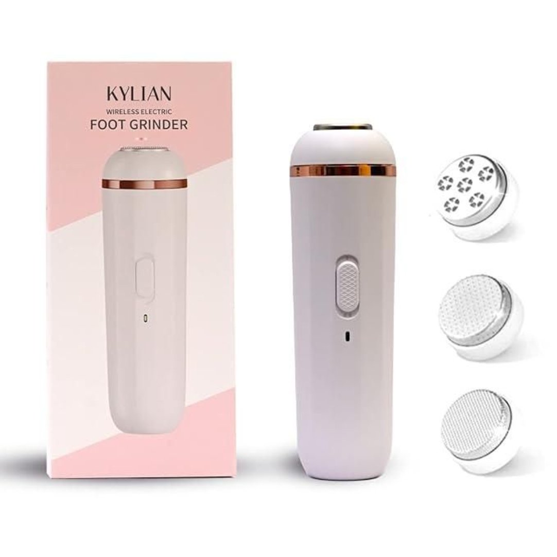 A white and rose gold rechargeable foot callus remover with a wireless electric design, displayed next to its packaging box and a set of spare grinding heads.