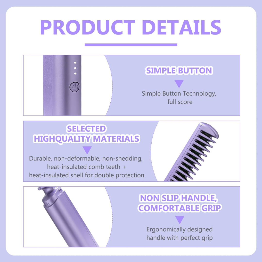 Product details of a hair styling tool with features highlighted on a purple background.