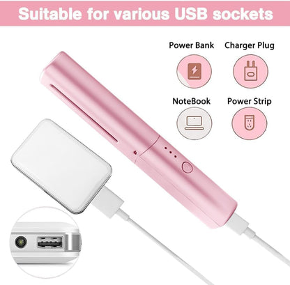 Pink USB adapter with power bank, charger plug, notebook, and power strip icons on a white background.