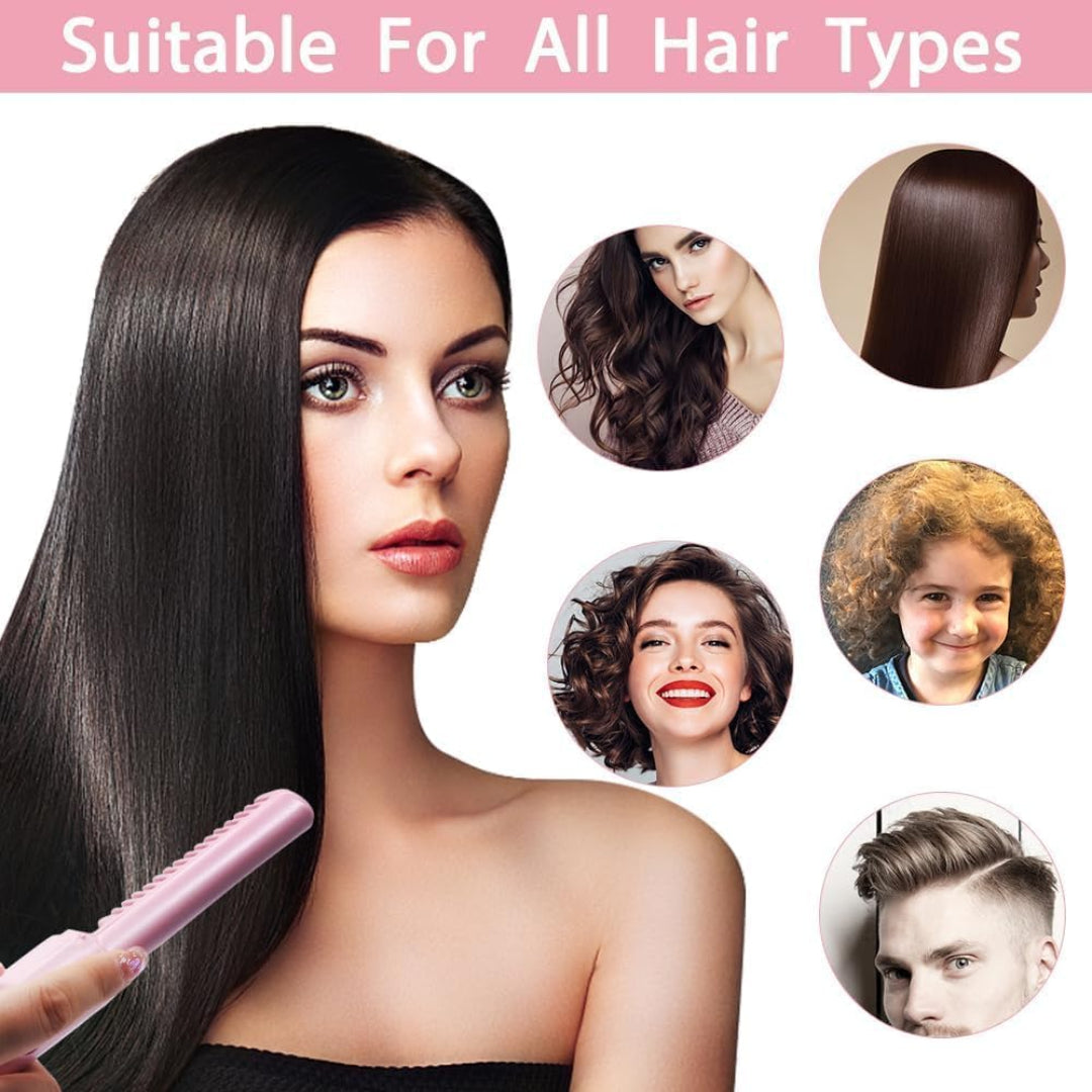 Woman with long hair holding a hair straightener, surrounded by images of different hairstyles.