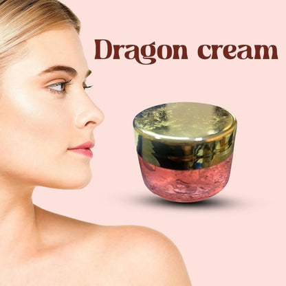 Woman's face with a jar of 'Dragon cream' on a pink background