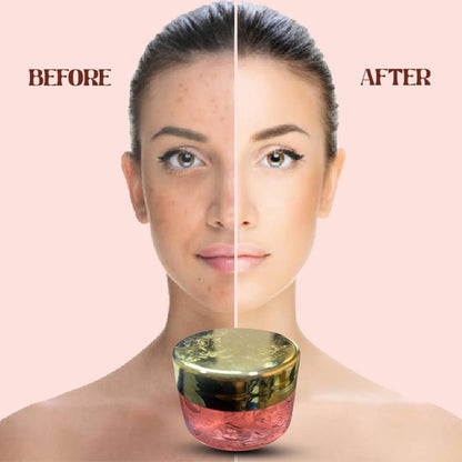 Before and after comparison of a woman's face with a jar of skincare product.