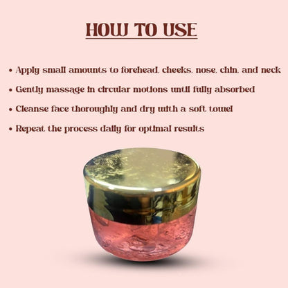 Cosmetic jar with a pink and gold lid on a light pink background, featuring usage instructions.