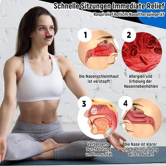 Woman using a nasal device with anatomical illustrations and text on a white background