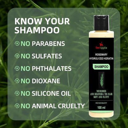 Shampoo bottle with greenery in the background and text highlighting product features.