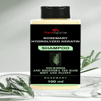 Shampoo bottle with rosemary hydrolyzed keratin label on a gray background
