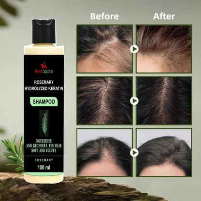 Shampoo bottle with 'Red Apple' branding and before-and-after hair growth results.