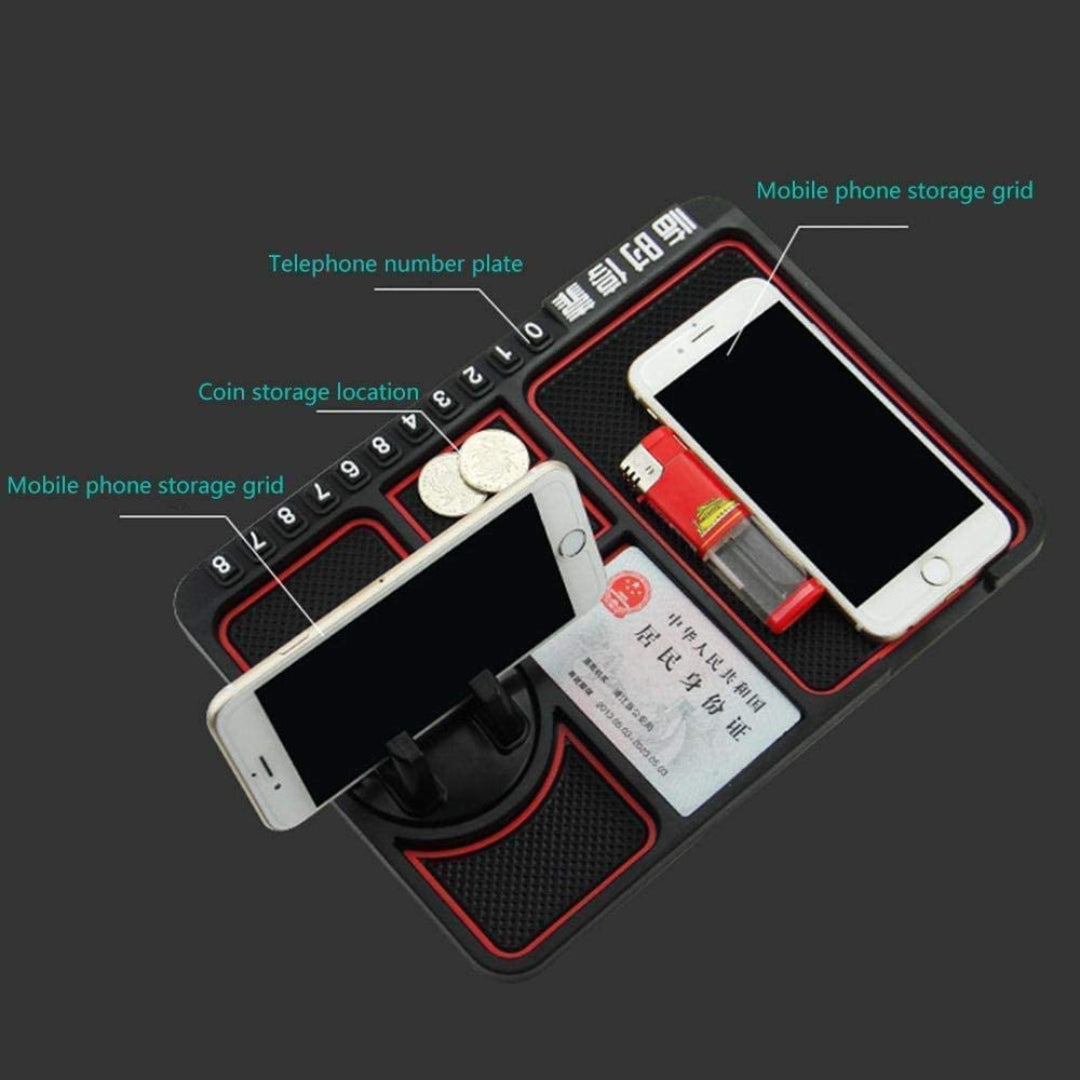 Multifunctional desk organizer with phone stands, storage grids, and coin holder on a dark background.