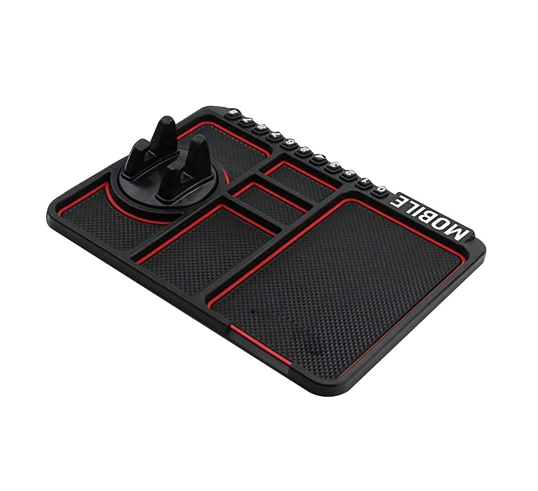 Black and red car dashboard organizer with multiple compartments on a white background