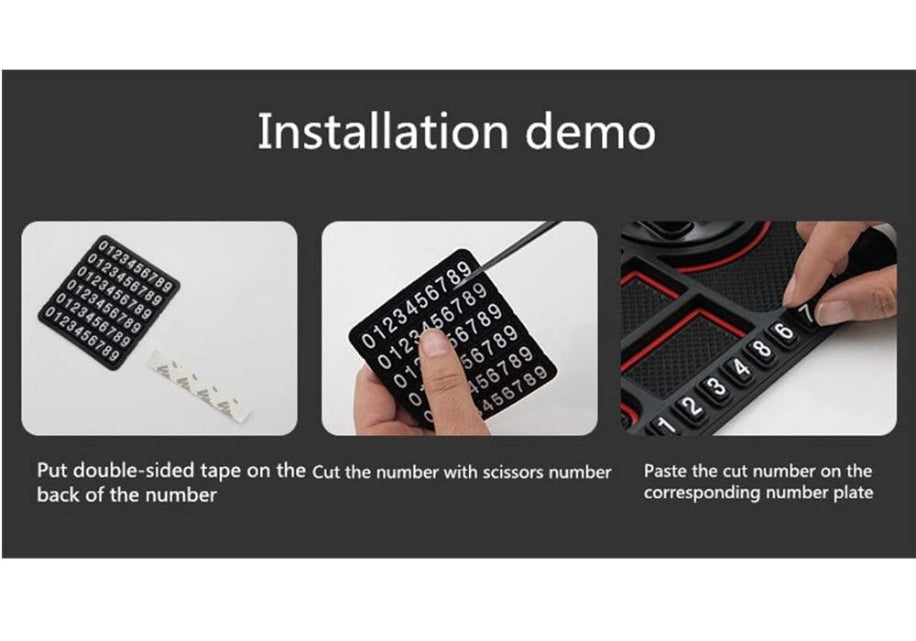 Installation demo of number cutouts with double-sided tape and scissors.
