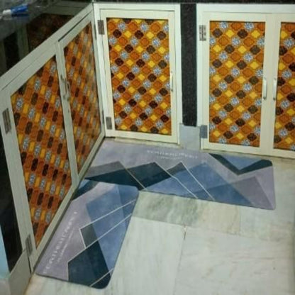 Cabinets with patterned doors on a tiled floor