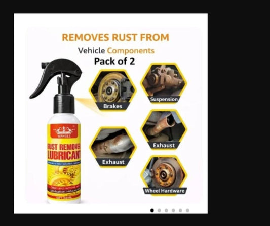 Spray bottle for rust removal on vehicle components with images of affected parts.