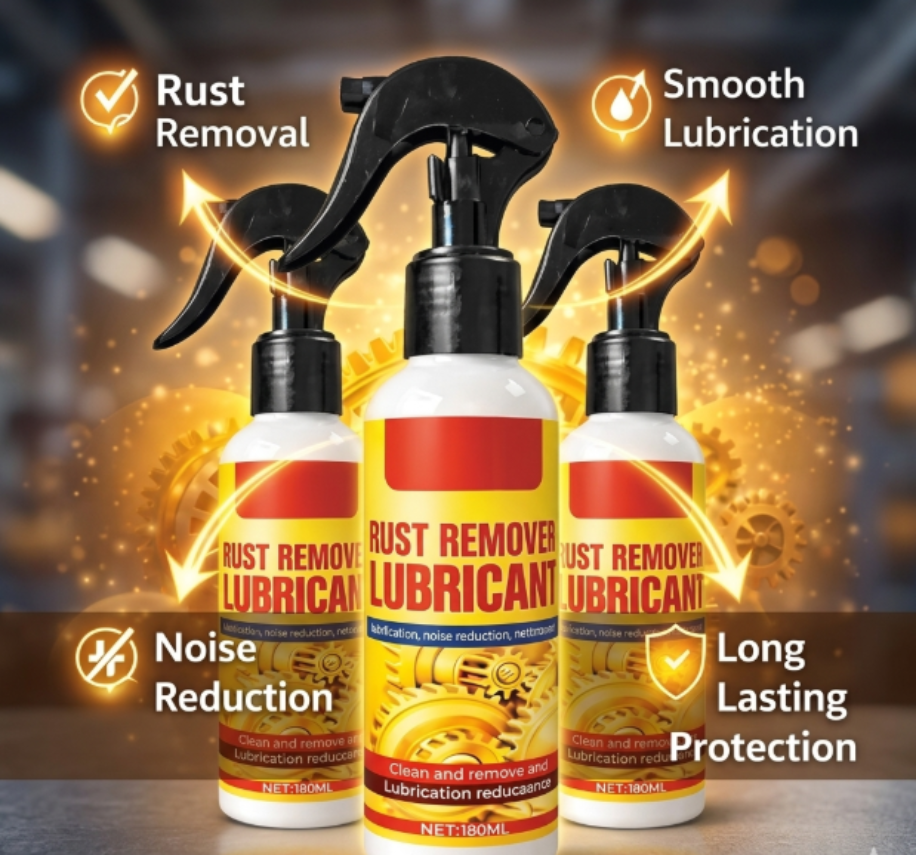 Three bottles of rust remover lubricant with features highlighted on a blurred background.