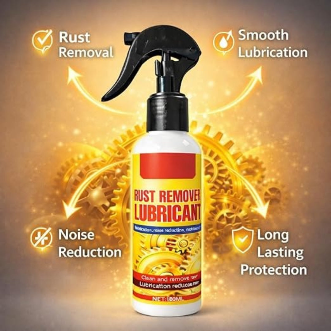 Rust remover lubricant spray bottle with features on a gear-themed background