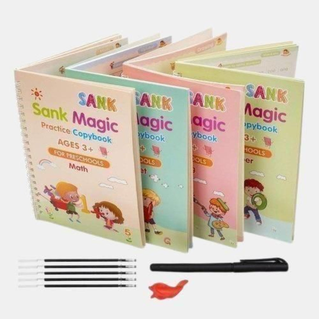 Set of colorful 'Sank Magic' practice copybooks for ages 3+ with pens and a fish toy on a white background.