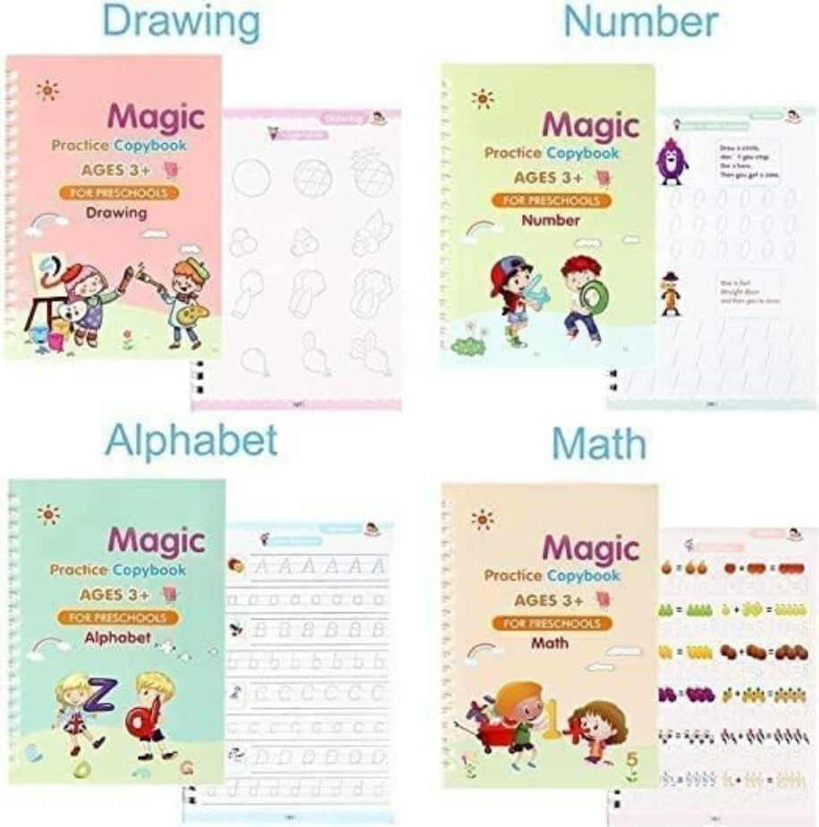 Collection of Magic Practice Copybooks for preschoolers on a white background