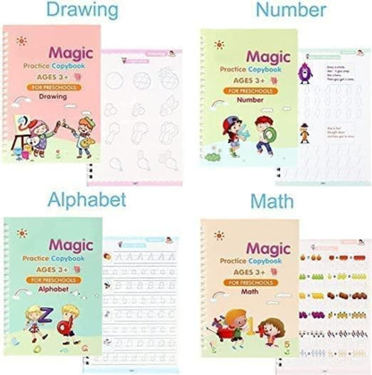 Collection of Magic Practice Copybooks for preschoolers on a white background