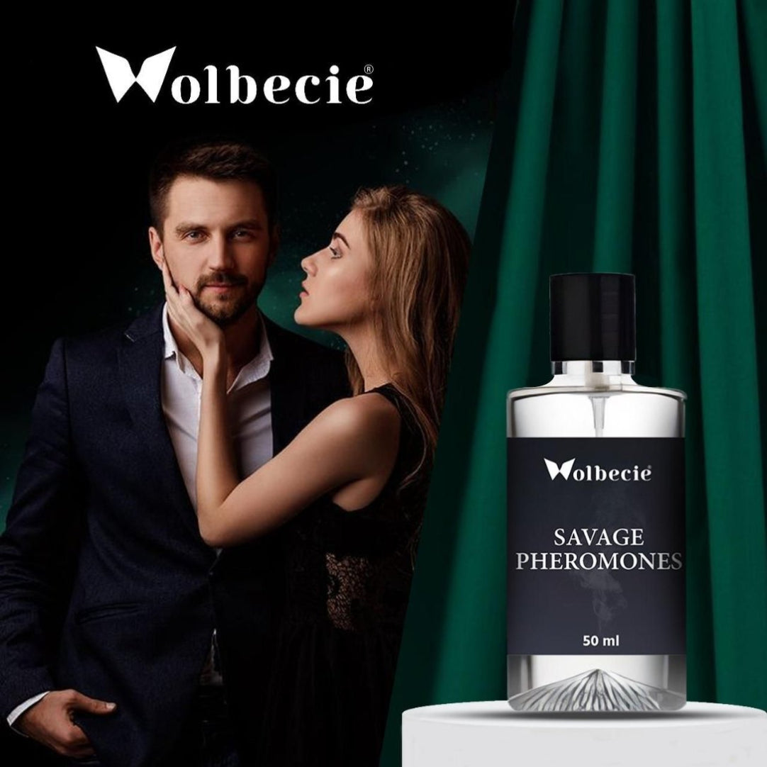 Advertisement image for Savage Pheromones Men's Perfume featuring a 50ML bottle of cologne, with a background of a man and a woman interacting romantically. The brand logo 'Wolbecie' is visible at the top.