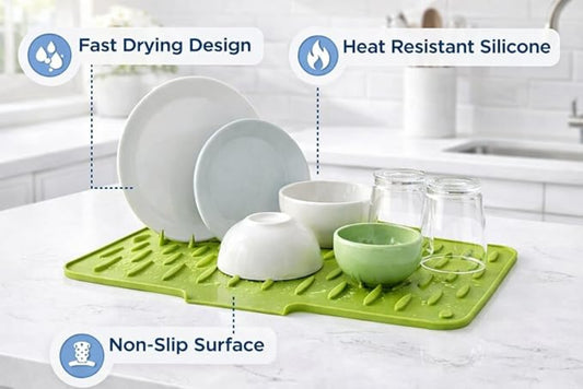 Green silicone dish drying mat with text highlighting features on a kitchen counter.