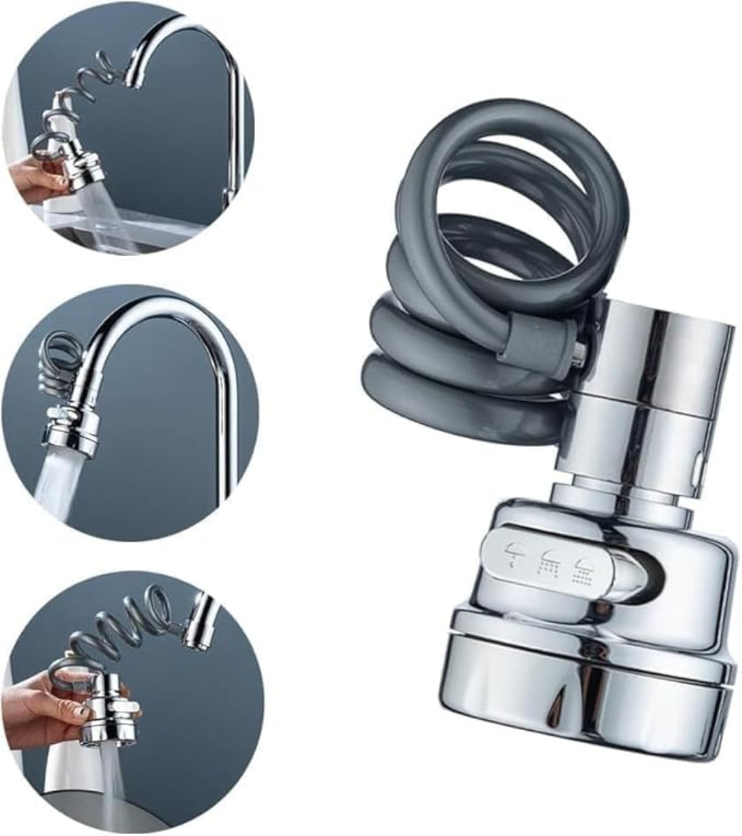 Chrome kitchen faucet with flexible hose and close-up shots on a white background