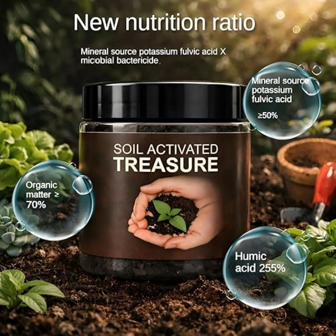 Jar of 'Soil Activated Treasure' with gardening elements and text about nutrition ratio.