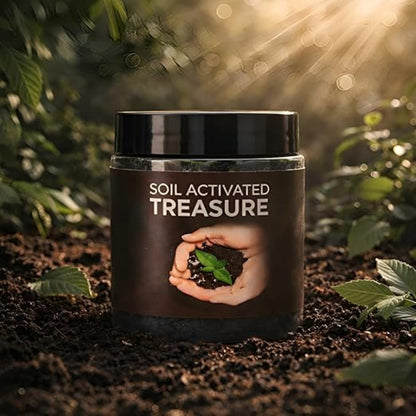 Container labeled 'Soil Activated Treasure' on a background of soil and plants.