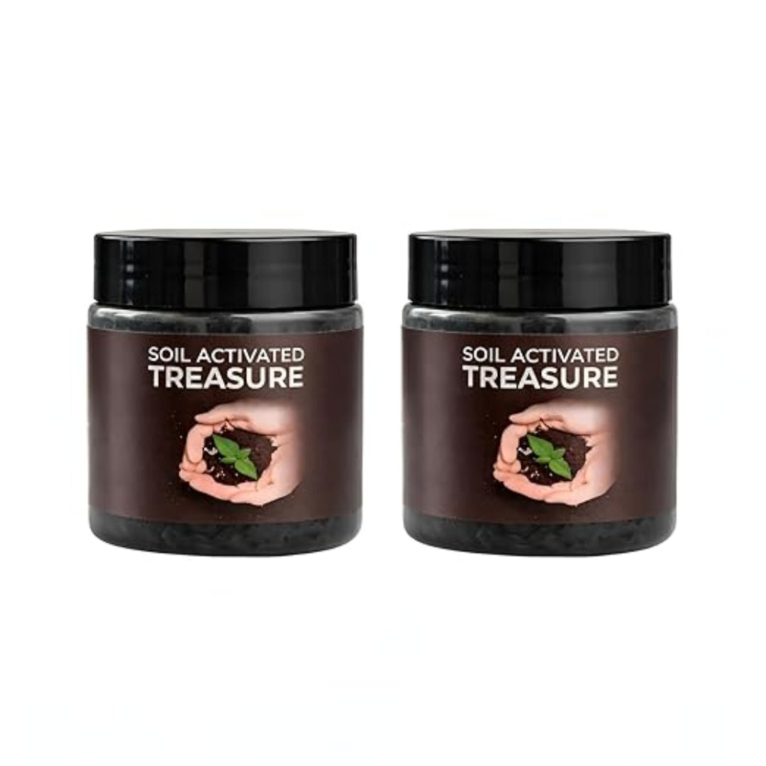 Two jars of 'Soil Activated Treasure' on a white background
