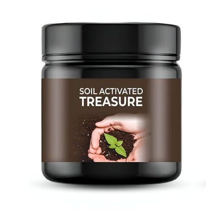 Black jar labeled 'Soil Activated Treasure' with hands holding soil and a leaf on a white background