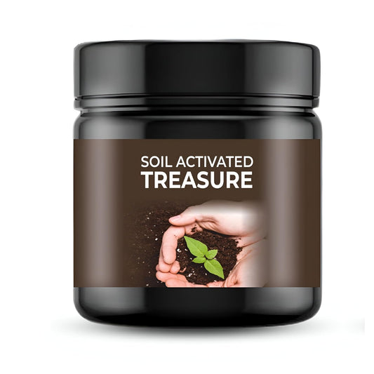 Black jar labeled 'Soil Activated Treasure' with hands holding soil and a leaf on a white background