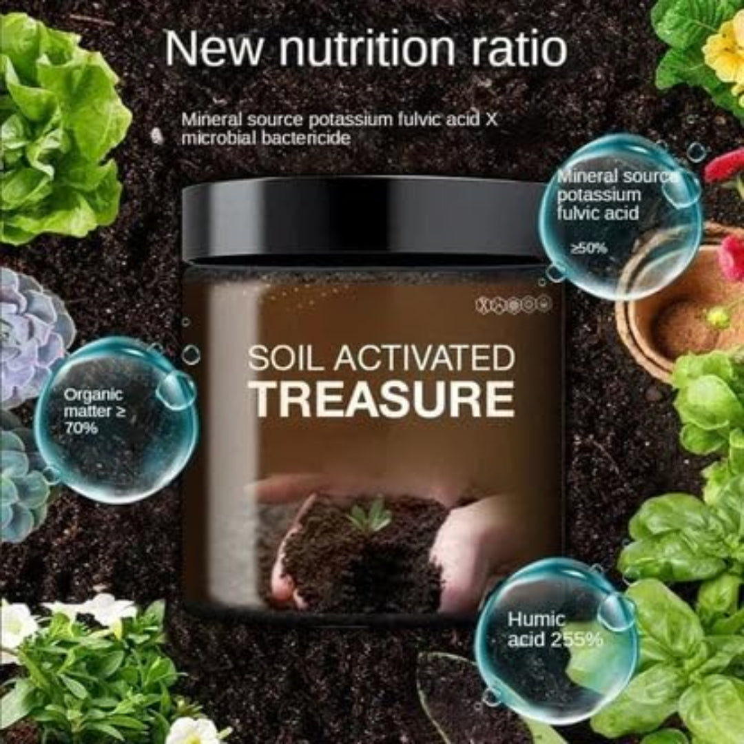 Product packaging labeled 'Soil Activated Treasure' surrounded by soil and plants.