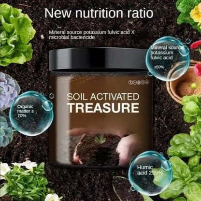 Product packaging labeled 'Soil Activated Treasure' surrounded by soil and plants.